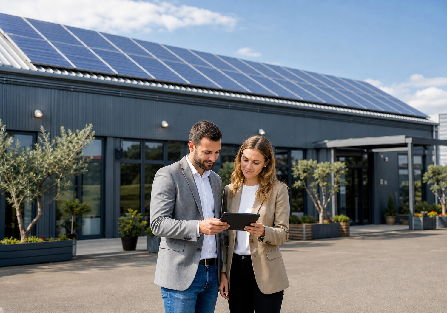 Stručni razgovor o potrošnji energije ispred poslovnog objekta sa solarnim panelima